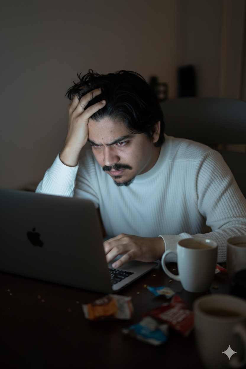 Isaac estressado trabalhando no computador